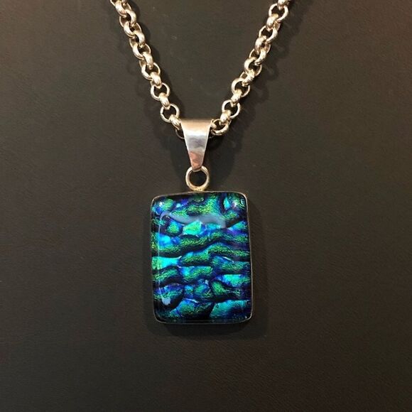 Sterling Silver Rolo Necklace and Blue Green Dichoic Glass 925 Pendant 24” - Picture 1 of 17
